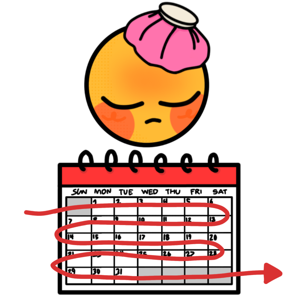 A basic yellow skinned emoji with its eyes closed and red cheeks, on its head is a reusable ice pack and its forehead a red glow to signify a fever. Below the emoji is a white calendar with a red top and a red arrow looping across all the days on it.
